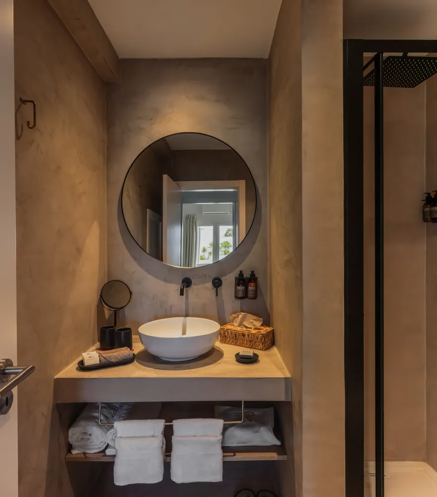 Bathroom with stone basin and walk-in shower