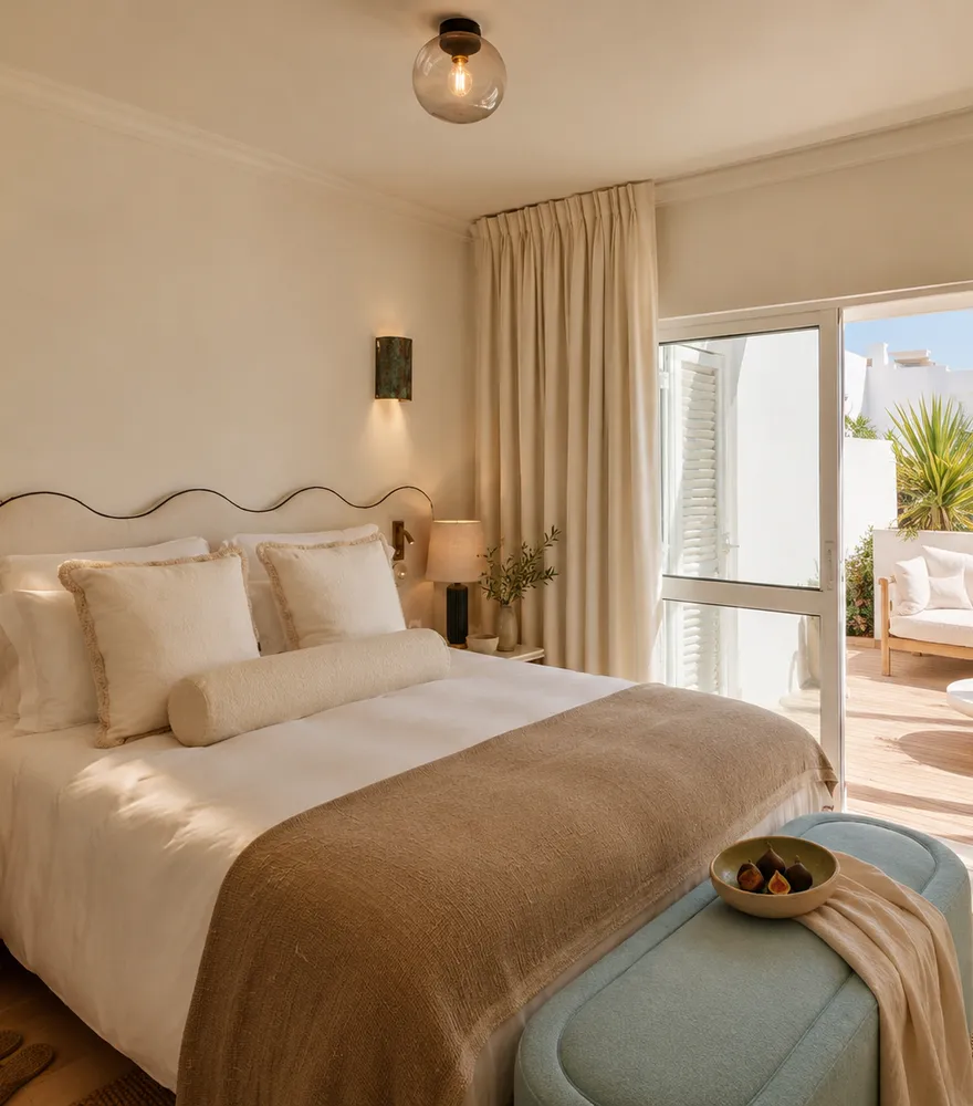 Apartment bedroom with doors opening to the terrace