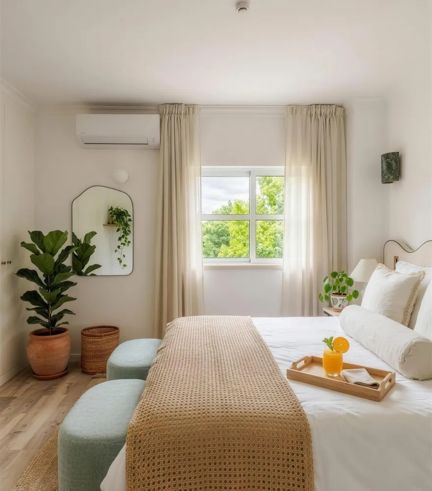 Bedroom with breakfast tray and plants