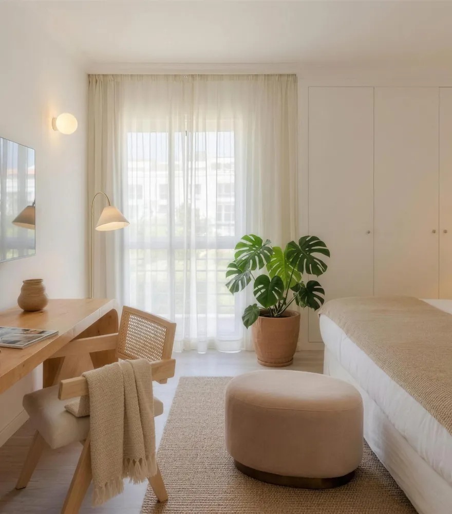 Bedroom with writing desk and television