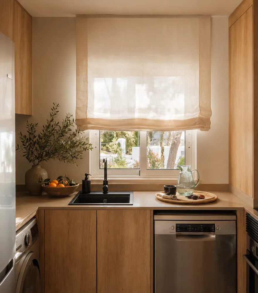 Fully equipped kitchen in oak and stone