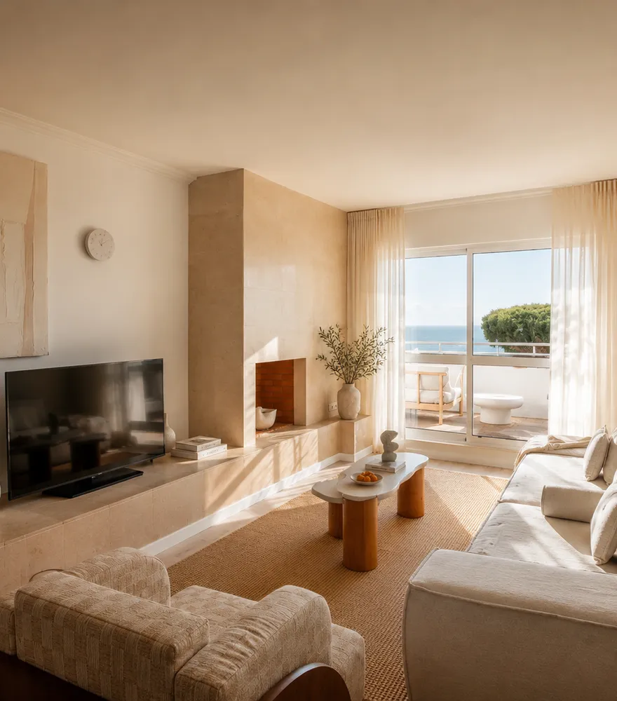 Living room with sofa, television and terrace light