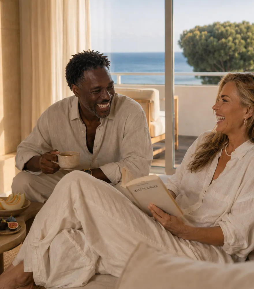 Guests laughing together in the living room
