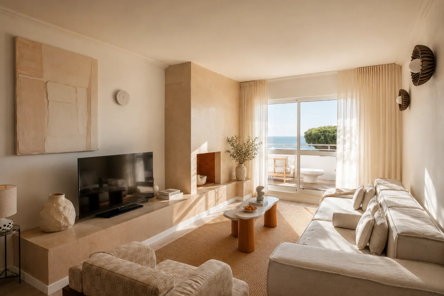 The living room of an apartment at Masana, opening to the terrace and the sea