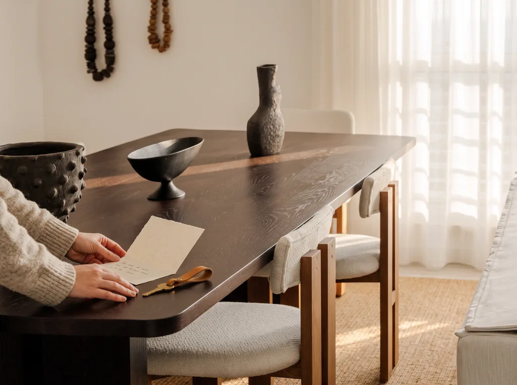 Hands setting a handwritten card and a door key on a dark wooden table in late afternoon light
