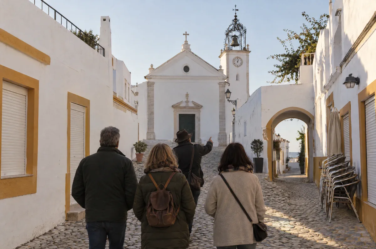 A small group walking a whitewashed lane towards a church and a clock tower