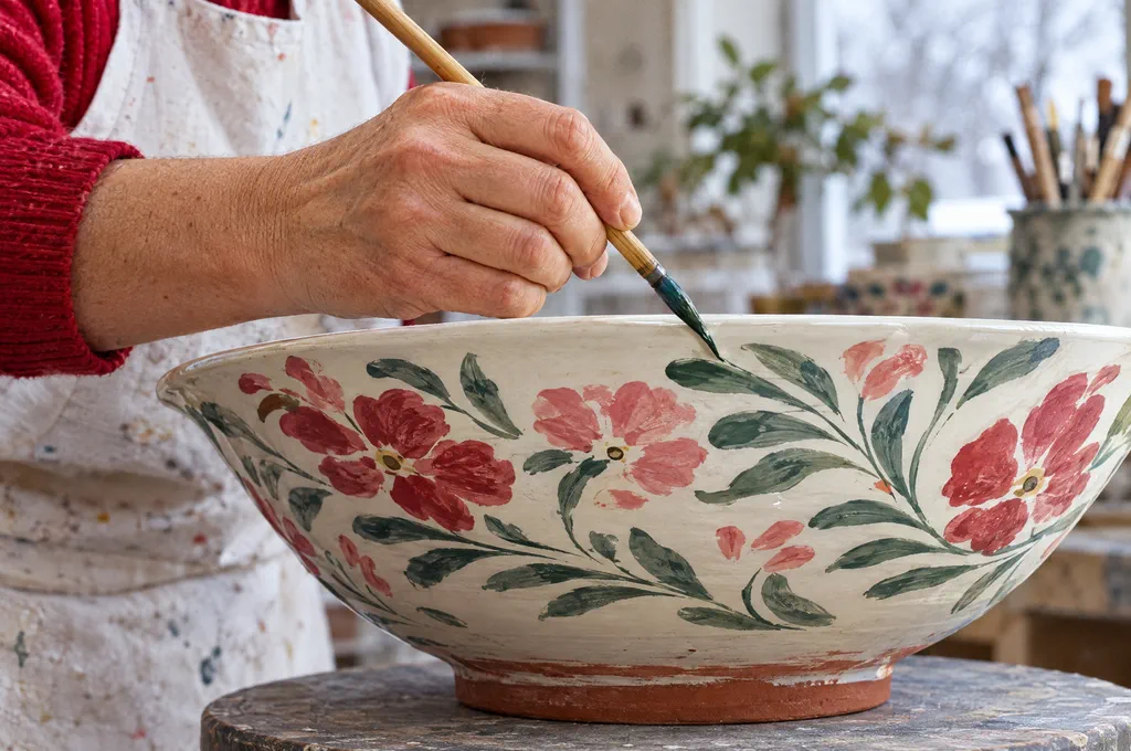 A painter’s hand adding red flowers and green leaves to a white glazed bowl