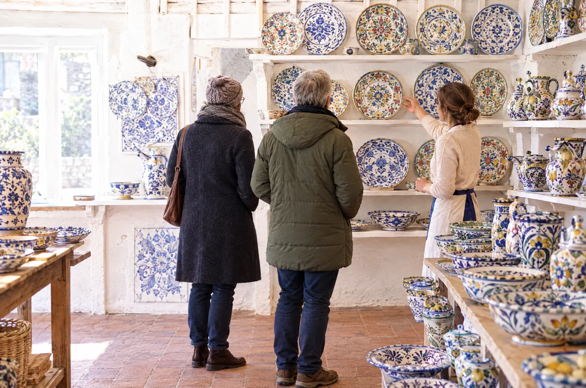 Two visitors looking at walls of hand-painted plates and jugs in a pottery shop