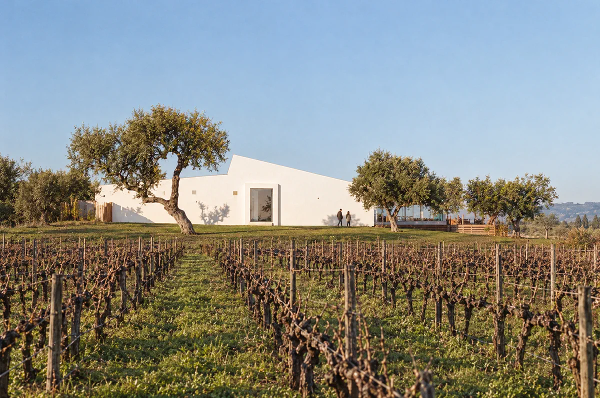 A white winery with an angular roof across a winter vineyard, olive trees around it