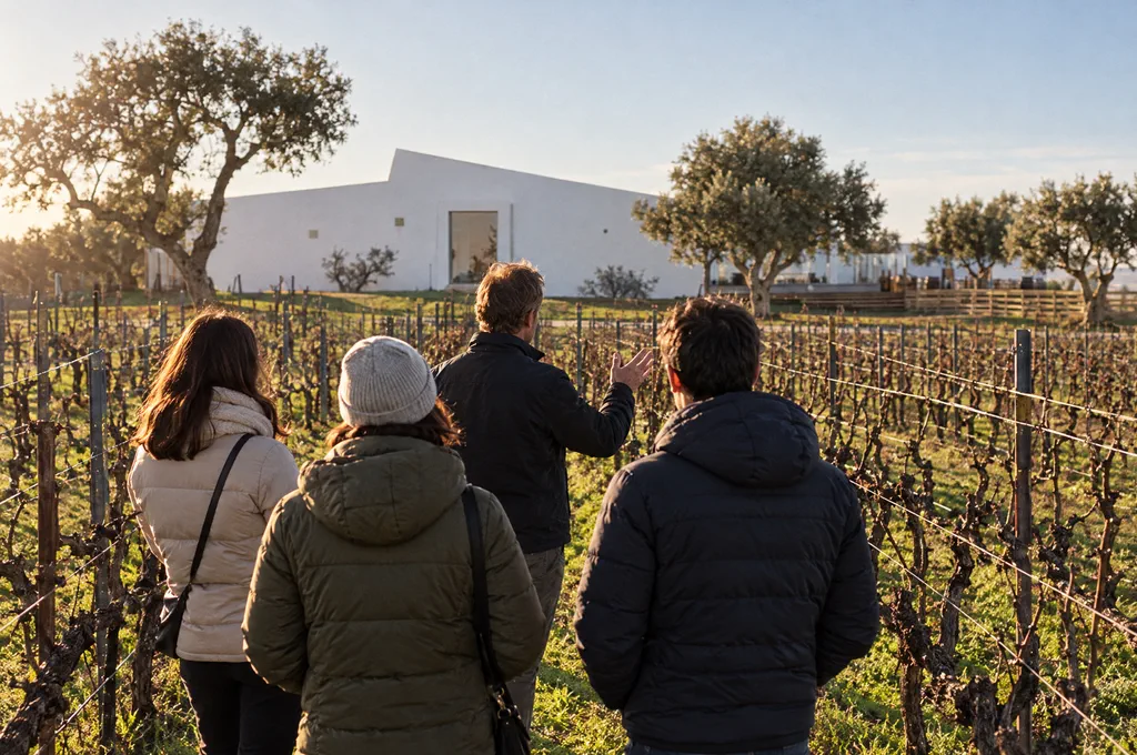 A guide and a small group between bare winter vines, a white winery among olive trees behind