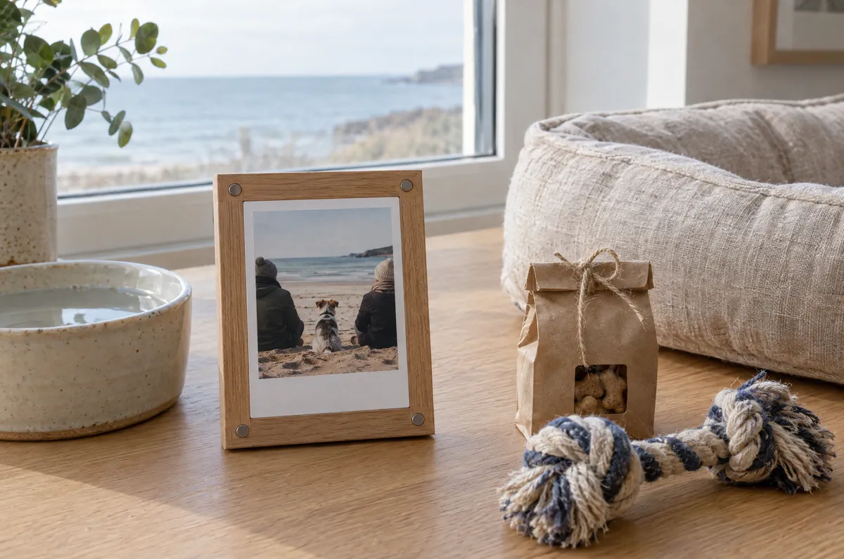 An instant photo of a dog in a wooden frame, beside a water bowl, a pet bed, a bag of treats and a rope toy