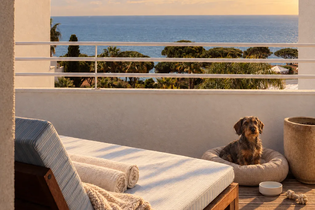 A small wire-haired dog in a round bed on a sea-view terrace in low sun, a daybed with rolled towels and a water bowl beside it