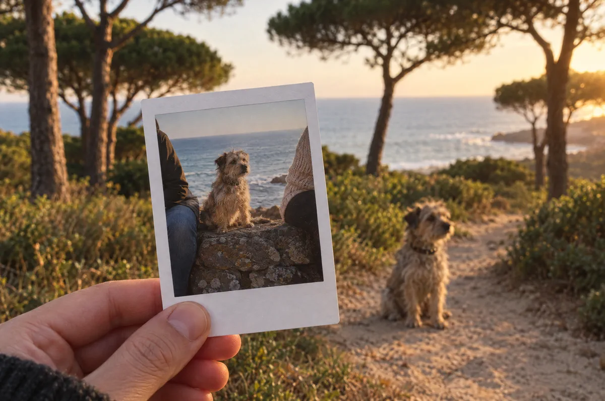 A hand holds an instant photo of a small dog, with the dog on a pine path behind