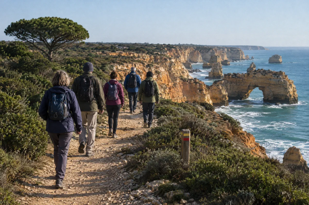 Walkers on a clifftop path above golden cliffs, a rock arch and sea stacks