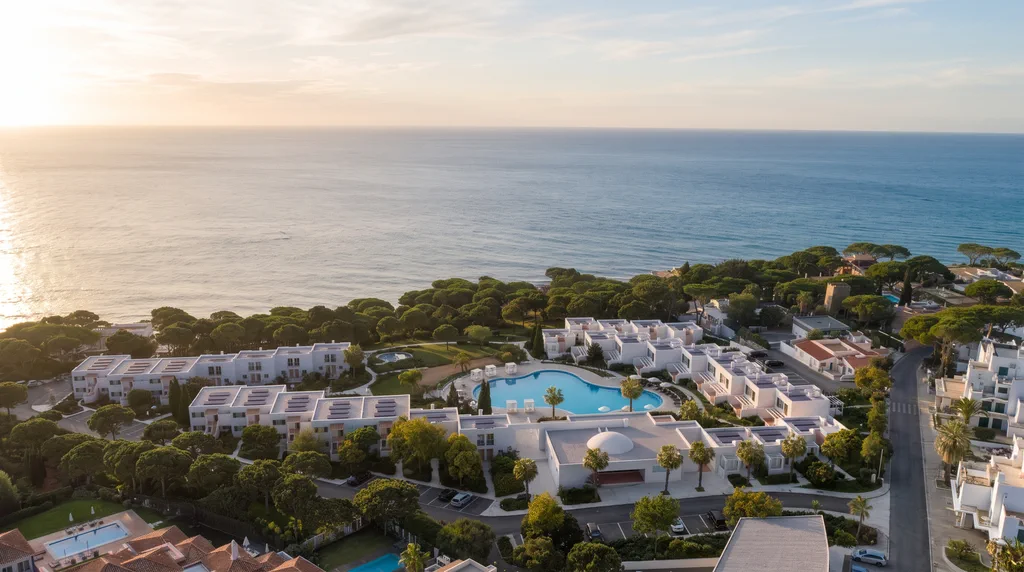 Masana from above in late-afternoon light: low white buildings among gardens and stone pines, the pool, and the sea beyond