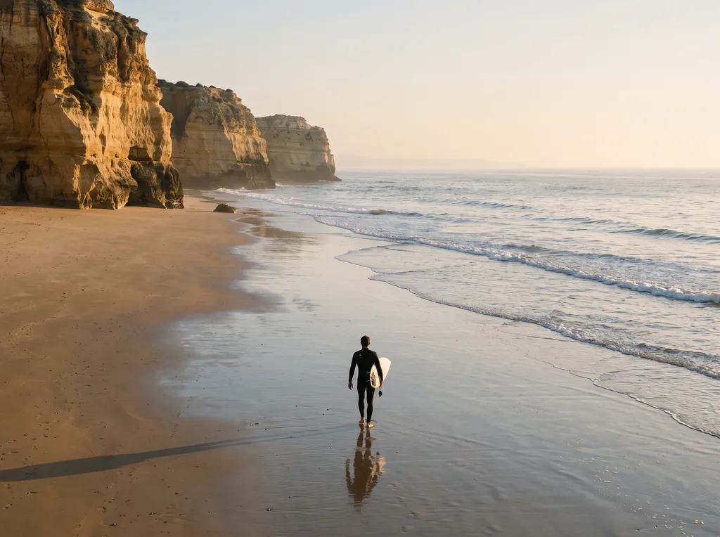 A surfer carrying a board across an empty beach below golden cliffs in low sun